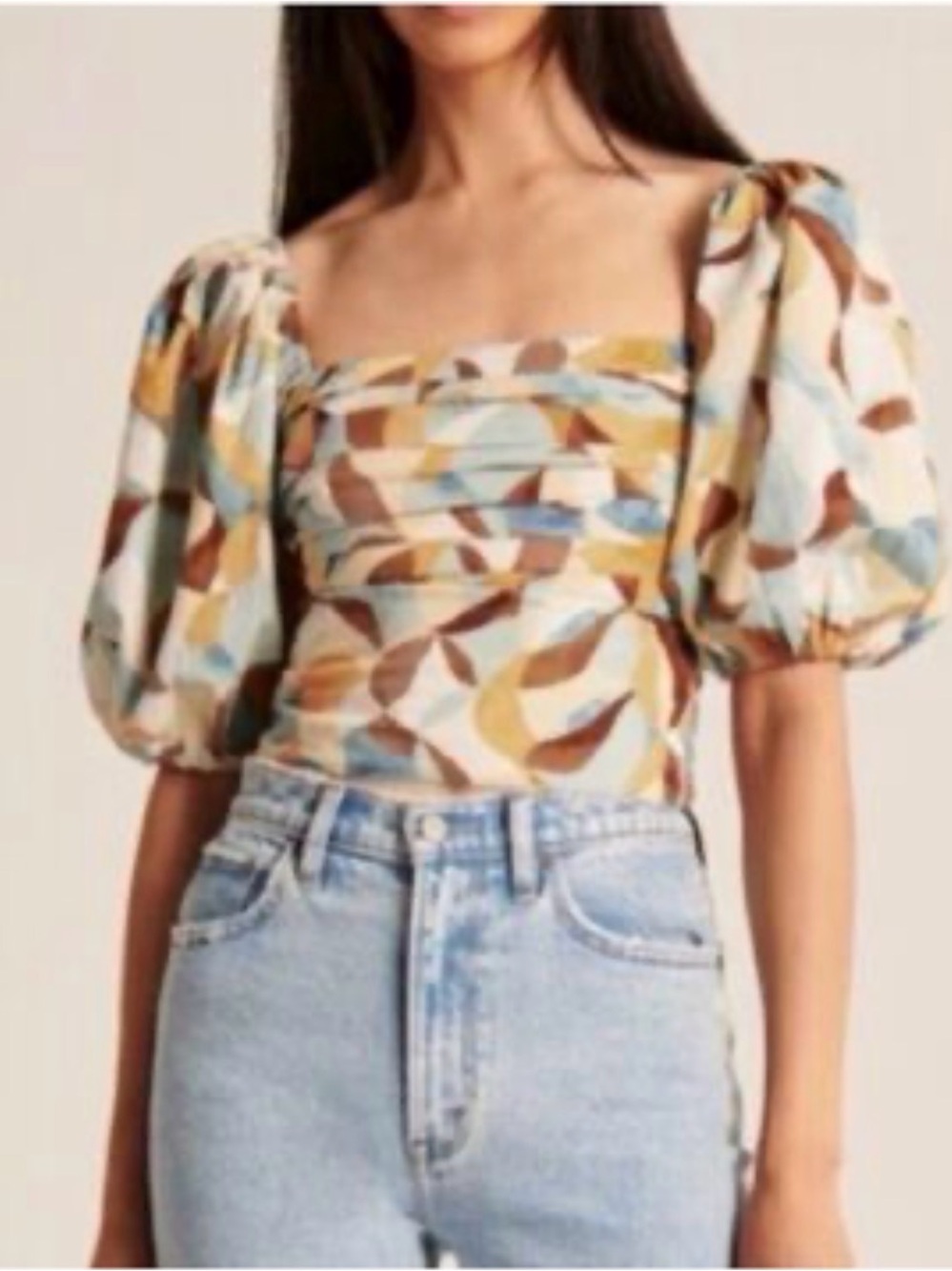 Abercrombie & Fitch Square-Neck Puff Sleeve Printed Top - Blue, Brown, Tan M